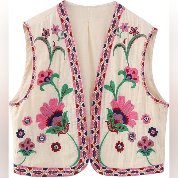 Zara Jackets & Blazers - Zara Floral Embroidered Vest - Cream and Pink